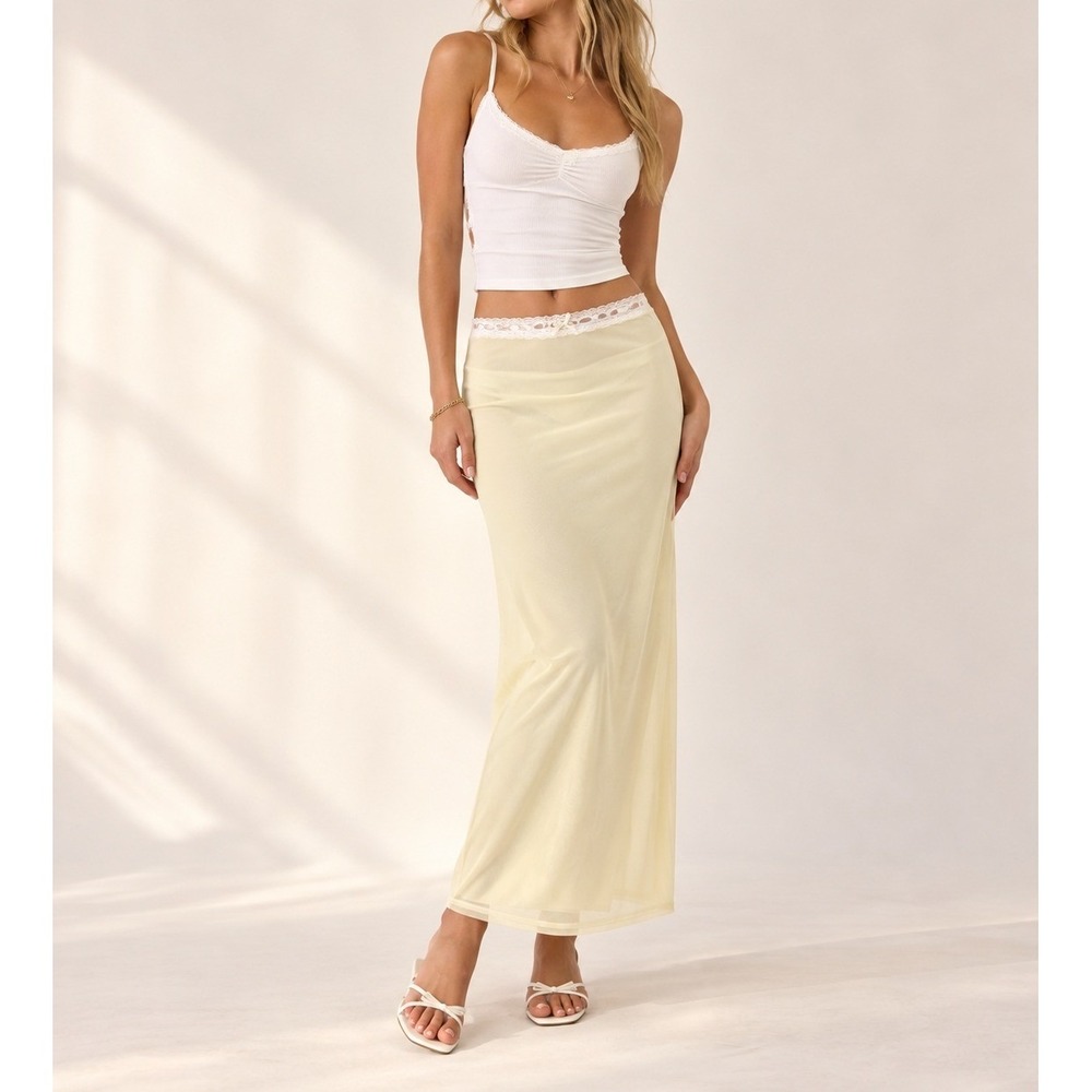 Pretty Garbage Womens Small Yellow Mesh Lace Trim Maxi Skirt Side Zip Lined